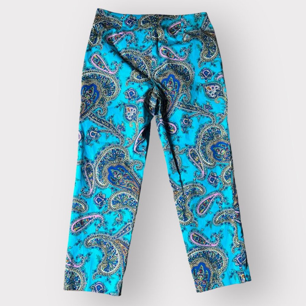 Talbots size 4 Turquoise Blue Paisley Flat Front Crop Pants - Picture 8 of 10